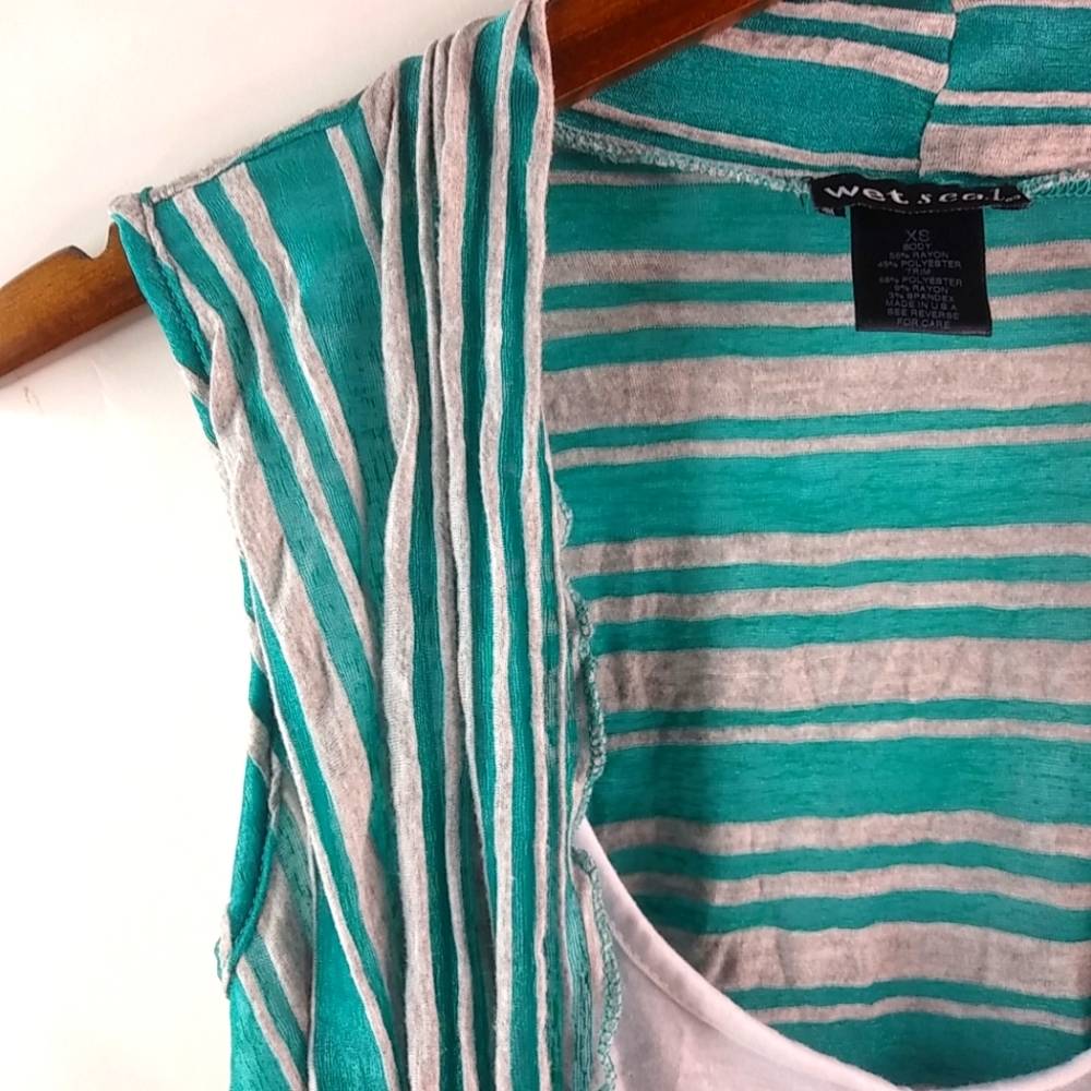 Wet Seal XS Capped Sleeve Striped Double Layer Top in Turquoise Gray
